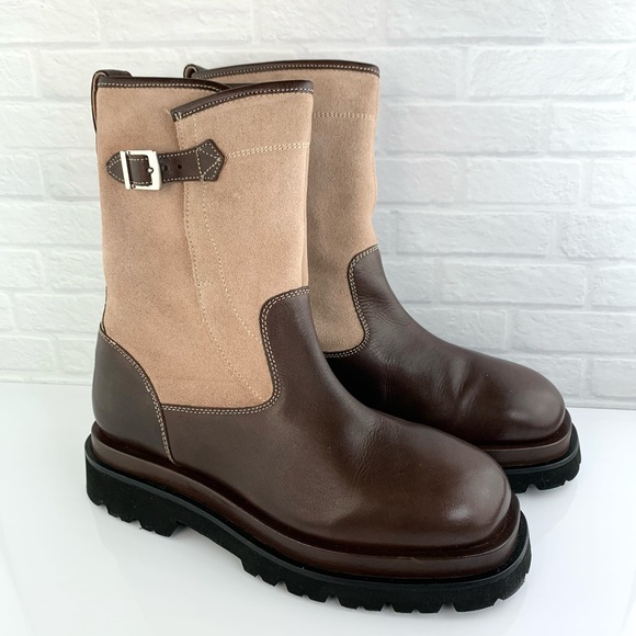 Free People Suede Leather Buckle Lug Double Up Moto Boots Chocolate Size 8 EU38 - Picture 5 of 15